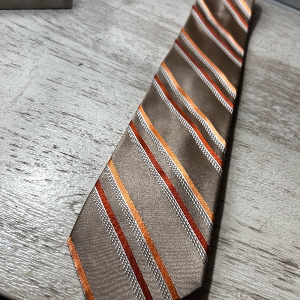 Michael Kors Striped Tie Taupe Orange Modern Necktie tie silk authentic - Picture 2 of 8